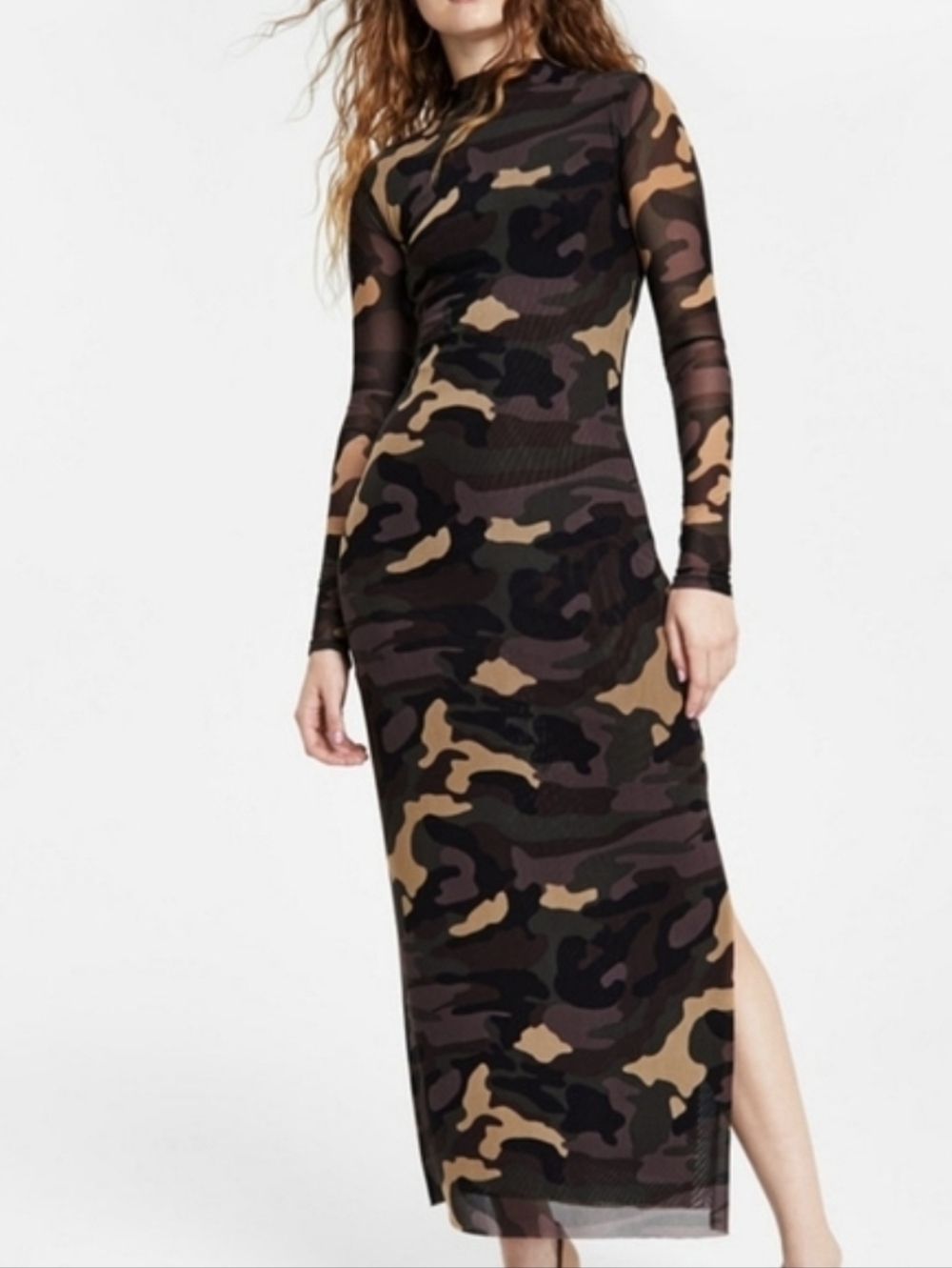 Bar III Women's Printed Mock-Neck Mesh Midi Dress Camouflage Size M